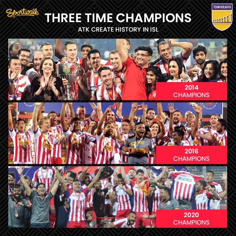 teamkolkataIN's tweet photo. 🏆🏆🏆 HAT-TRICK! 2014, 2016 or 2020, which of these @ATKFC title wins did you enjoy the most? ⏬
📸 @IndSuperLeague | #CFCATK #HeroISL #HeroISLFinal #ATKFC #ATK #ISL #Kolkata #IndianFootball #AamarBukeyATK #BanglaBrigade #Maidan #TeamKolkata #Sportwalk https://t.co/DBhNSj2kbp