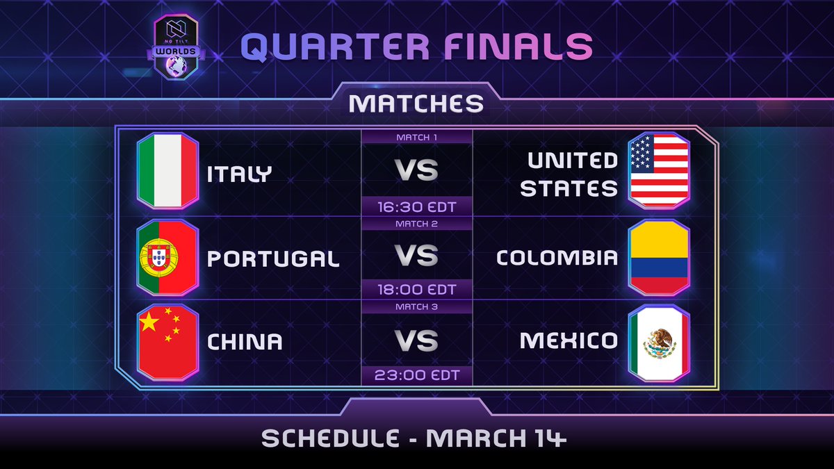 🇪🇸 Cuartos de final, 14 de Marzo. ⁣⁣
⁣⁣
🇬🇧 Quarter Finals schedule, March 14.⁣⁣

🇮🇹 <a href="/NazionaleITACR/">Nazionale Italiana CR</a> vs 🇺🇸 <a href="/TeamUSA_CR/">Team USA CR</a>
🇵🇹 <a href="/PortugalTeam_CR/">Team Portugal</a> vs 🇨🇴 <a href="/SelColEsports/">Seleccion Colombia Esports</a> 
🇨🇳 <a href="/TeamChinaCR/">TeamChinaCR</a> vs 🇲🇽 <a href="/SeleccionCRmx/">Team México CR</a> 

#NTWorlds <a href="/ClashRoyale/">Clash Royale</a> <a href="/ClashRoyaleES/">Clash Royale ES</a> <a href="/EsportsRoyaleES/">Esports Royale ES</a> <a href="/EsportsRoyaleEN/">Clash Royale Esports</a>
