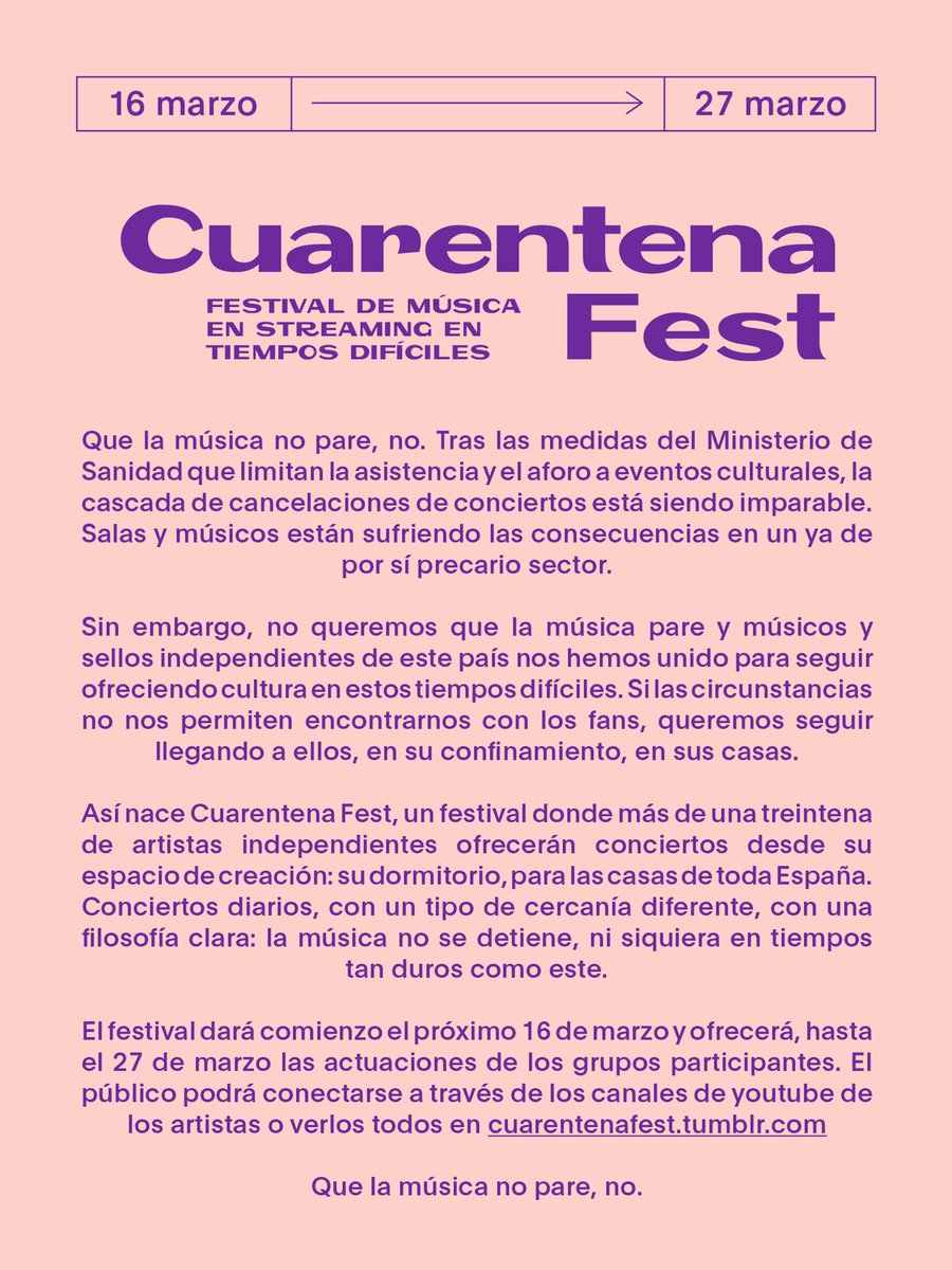 cookingirona's tweet photo. Iniciatives perquè no s'aturi la cultura en temps de #COVIDー19 💪: el festival @CuarentenaFest
proposa concerts de música en streaming😀. Participa en la iniciativa @lamerilane, manager de @luuprecords i membre de @cookingirona 

A partir de dilluns 16 👇 https://t.co/H2hwILyFDs https://t.co/5TylkqktWg