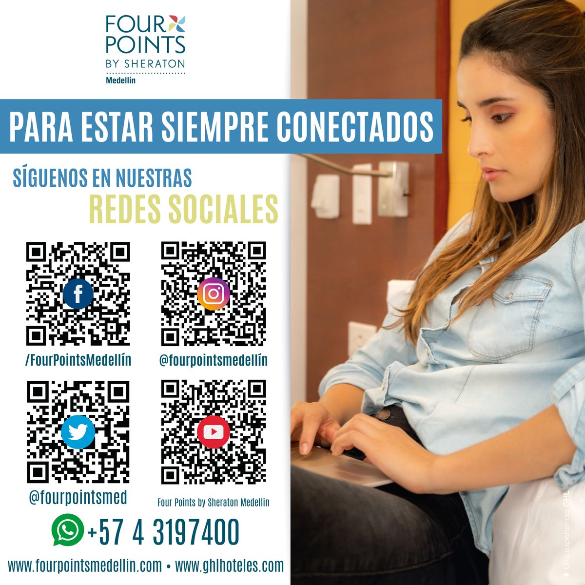 PARA ESTAR SIEMPRE CONECTADOS
Síguenos en nuestras redes sociales

Facebook: Four Points By Sheraton Medellin
Instagram: @fourpointsmedellin
Twitter: @fourpointsmed
Youtube: Four Points by Sheraton Medellin
WhatsApp: +57 4 3197400
Correo: reservas@fourpointsmedellin.com