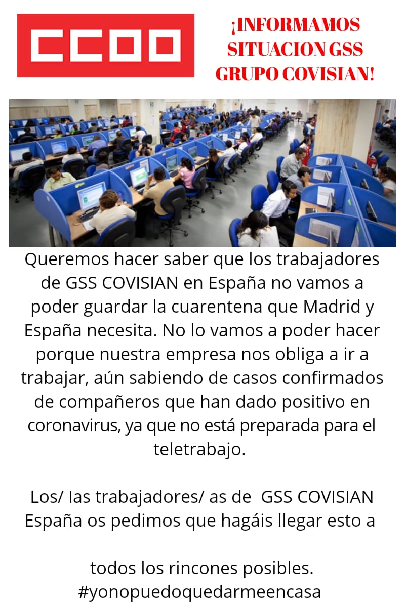 LianteBolshevik's tweet photo. ⚠️ Las teleoperadoras de GSS siguen trabajando hacinadas en el call center

Algunas van a trabajar con fiebre

La mayoría son madres de niños pequeños. Se han confirmado varios casos, la empresa amenaza de no acudir al trabajo

📣 Están pidiendo difusión

#YoNoPuedoQuedarmeEnCasa https://t.co/KFkXoK2Skv