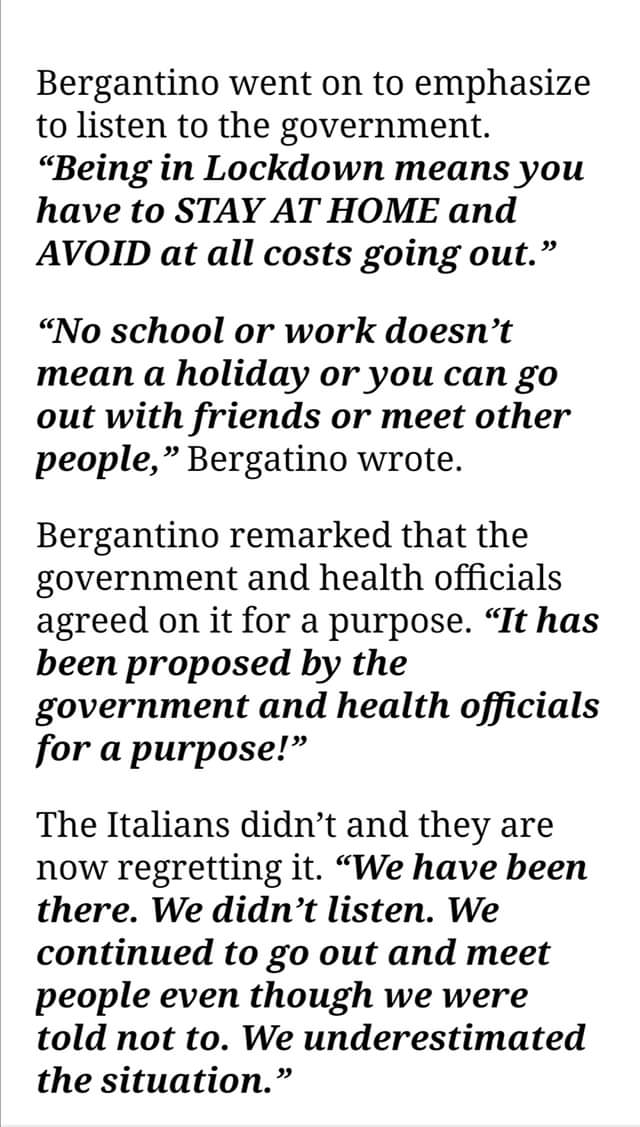 justinejsys's tweet photo. hard lesson learned by Italy amid covid-19 virus crisis.

“Don’t make the same mistakes like we did here in Italy.” — Milan-based Pinay writes open letter to Filipinos back home

#MMLockdown #Covid_19PH https://t.co/zveySKG5Gk