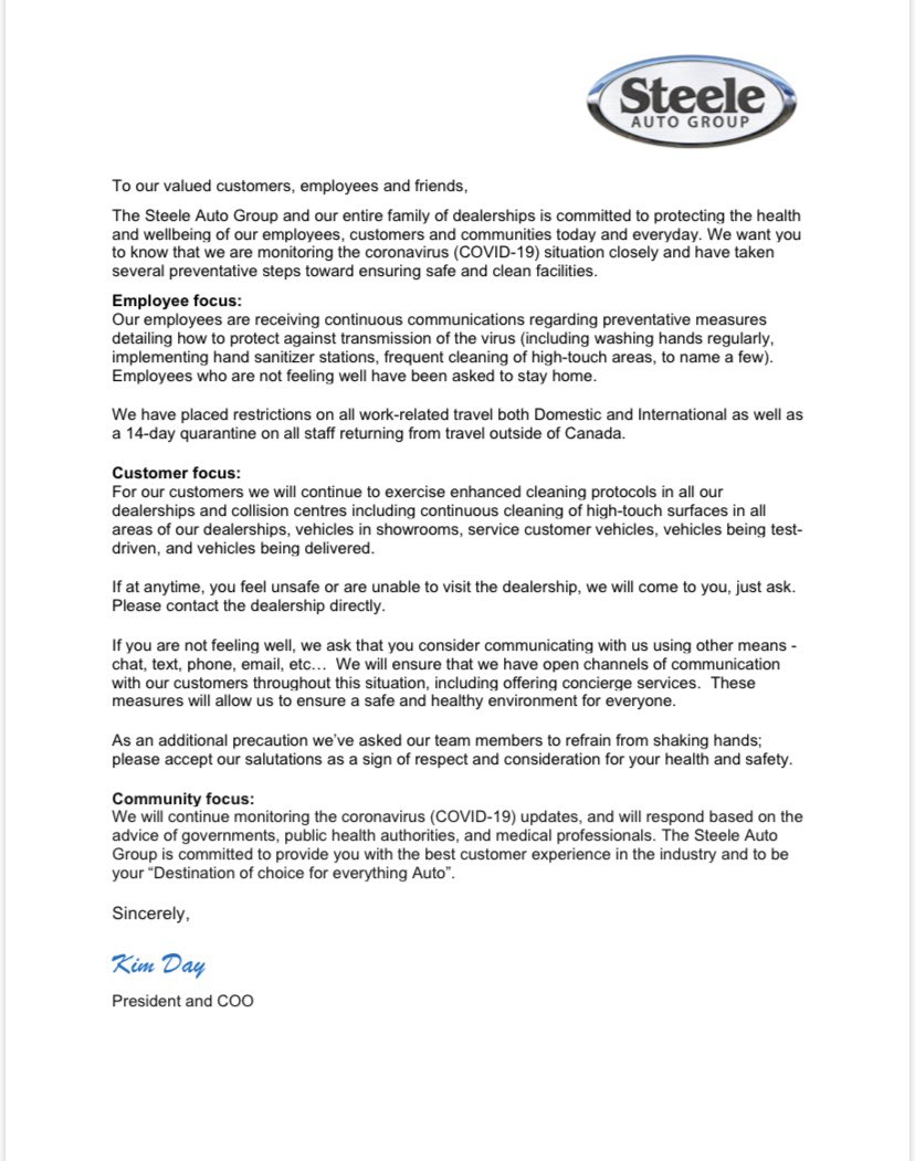 The Steele Auto Group and our entire family of dealerships is committed to protecting the health and wellbeing of our employees, customers and communities today and every day. 
We want you to know that we are monitoring the coronavirus (COVID-19) situation closely.