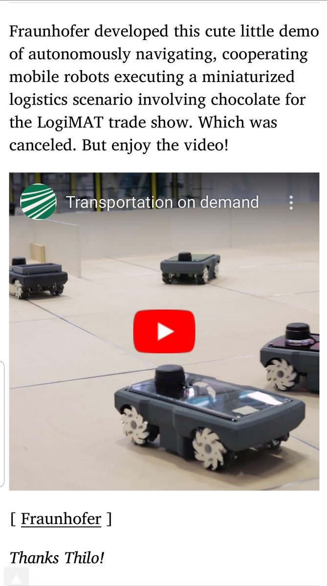 #Fraunhofer #robatworkmini demonstration featured in IEEE automaton's #VideoFriday list.

#IPAgoingViral
#logimat2020 cancelled

#mobilerobots running ROS
#goROS 

#Robotics 
#navigation 
spectrum.ieee.org/automaton/robo…