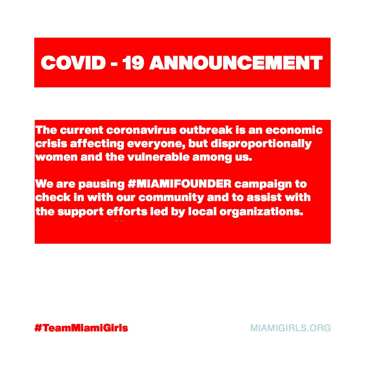 We are pausing the celebration of Miami's Top 30 Women Founders to check in with the community and to assist the support efforts led by grassroots organizations. Follow <a href="/cjpmiami/">Community Justice Project</a> <a href="/bridge2hope/">Bridge to Hope</a> @miamiclimatealliance