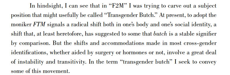 The trans butch category is controversial. Insofar as they are women I am happy to be trans women with them. Stormé DeLarverie was as good as trans butch; Leslie Feinberg self-declared as such; Jack Halberstam discussed it at length &  @butchanarchy is a criminally great follow.