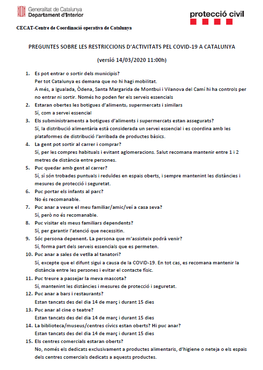 emergenciescat's tweet photo. ⚠ Adjuntem 👇👇 per poder compartir el document actualitzat de preguntes FAQs del #coronavirus a 14 de març. 

Si us plau, demanem difusió. https://t.co/TMGKwSqaeg