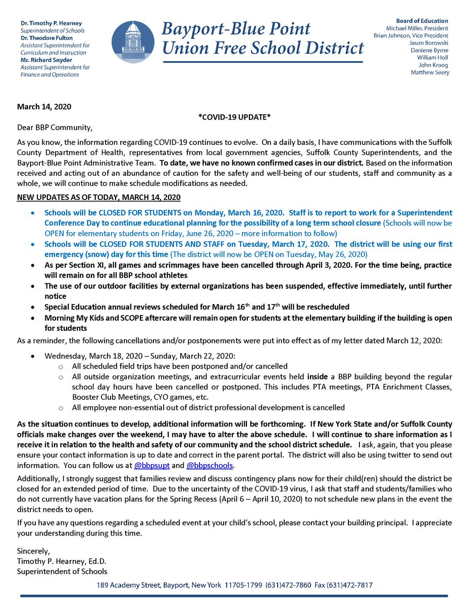 Bayport-Blue Point (@bbpschools) on Twitter photo Please see the important update below which was also sent in a ConnectEd message moments ago. #BBP <a href="/BBPSupt/">Dr. Hearney</a> @BBPHSPrincipal <a href="/BBPAsstSupt/">Dr. Theodore Fulton</a> <a href="/BBPathletics/">BBP Athletics</a> <a href="/BPESchool/">Blue Point Elementary School</a> <a href="/AcademyBBP/">Academy Street Elementary School</a> <a href="/BBPSylvan/">@BBPSylvan</a> @JWYMiddle Please see the important update below which was also sent in a ConnectEd message moments ago. #BBP <a href="/BBPSupt/">Dr. Hearney</a> @BBPHSPrincipal <a href="/BBPAsstSupt/">Dr. Theodore Fulton</a> <a href="/BBPathletics/">BBP Athletics</a> <a href="/BPESchool/">Blue Point Elementary School</a> <a href="/AcademyBBP/">Academy Street Elementary School</a> <a href="/BBPSylvan/">@BBPSylvan</a> @JWYMiddle