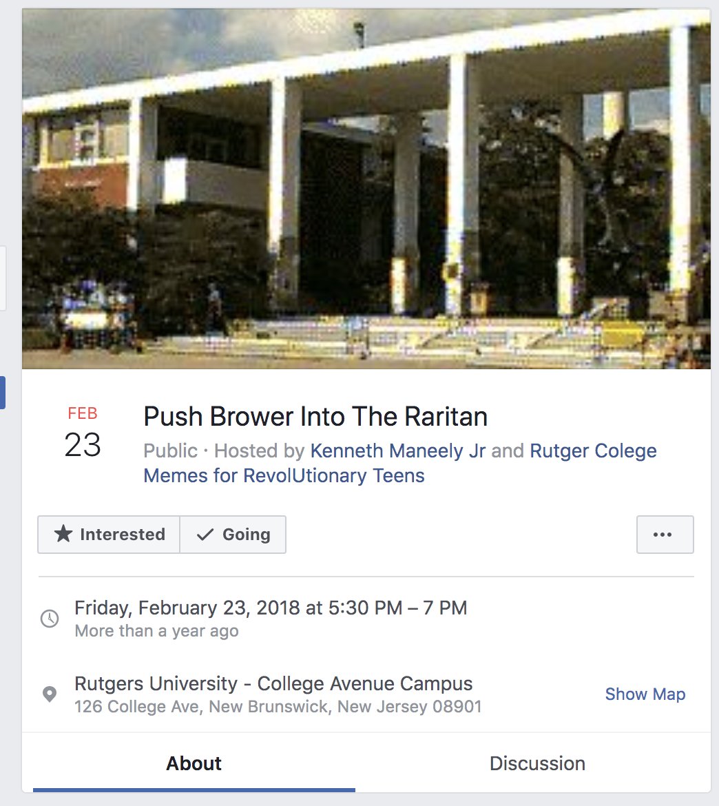 AudreyRoclore's tweet photo. #DCIM353a #TXC20 This screenshot of a Facebook event created to push Brower into the Raritan depicts the essence of the Rutgers student body. It showcases our ability to raise awareness with the sheer size of the student body, our desire to fight for change, and our sarcasm. https://t.co/aOtftqGSGj