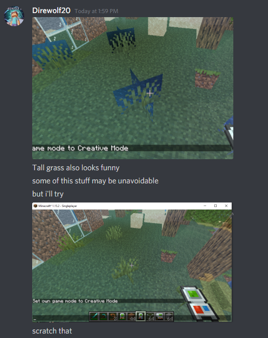 Direwolf20's tweet photo. Me fixing a few render bugs in #BuildingGadgets - 

These messages to Mikey were like less than a minute apart. https://t.co/8ZNJ7l3zDe