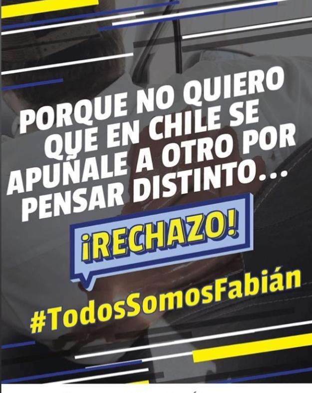 rodrigo_prena's tweet photo. #TodosSomosFabián Es inaceptable que a alguien lo ataquen solo por pensar distinto . Lo que ocurrió el día de hoy contra el #rechazo fue inaceptable. No es un crimen pensar distinto #RechazoPorChile https://t.co/tvhO1LgyAD