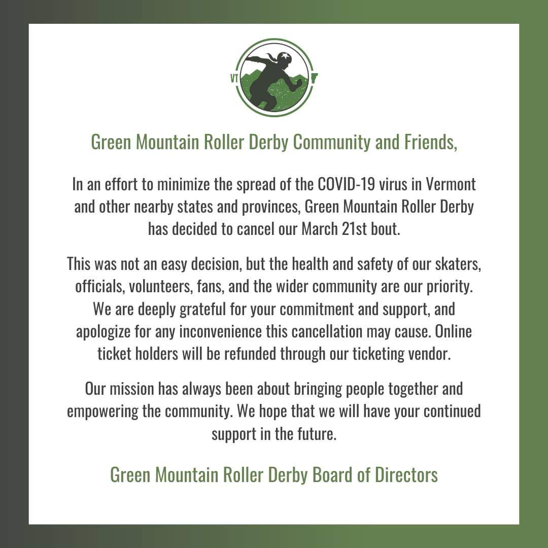GMRollerDerby's tweet photo. Our upcoming home game on March 21st has been canceled. We will be issuing refunds to all online ticket purchases for this game, and we hope to see you all very soon 💚 https://t.co/MUxNnR2IaL