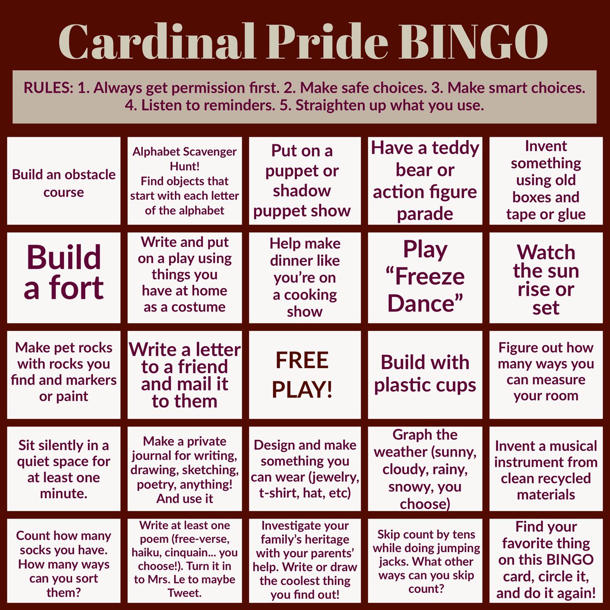 Here’s my BINGO card that was included in the Cardinal’s Message.  Might be easier to read this way. 😊