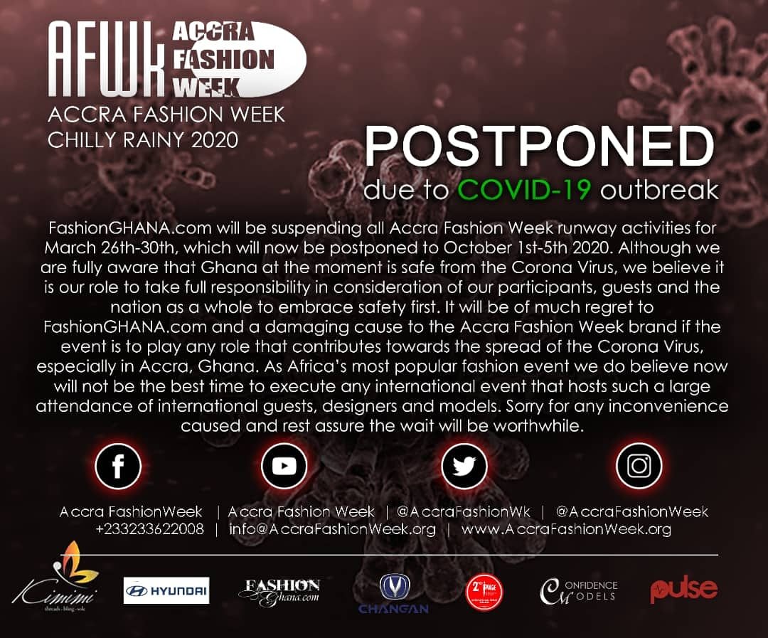 DapperAfrique's tweet photo. #accrafashionweek has been postponed to October 1st - October 5th,2020.

Sorry for any inconvenience caused. https://t.co/A3f2928fSk