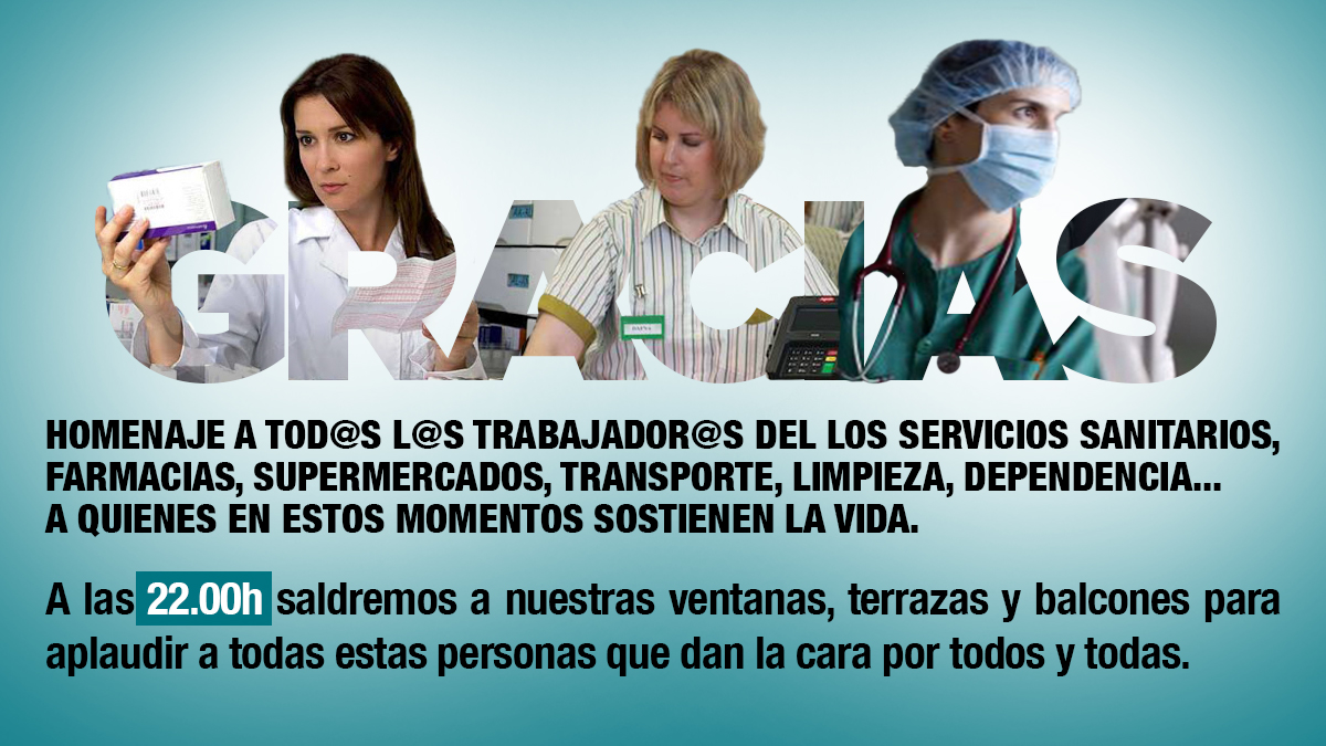 Nos sumamos a todas las iniciativas ciudadanas que reconocen el esfuerzo colectivo de un país del que podemos sentir orgullo. De esta situación saldremos juntos y juntas, y gracias a unos servicios públicos fuertes que nos cuidan. GRACIAS 💜 #YoNoPuedoQuedarmeEnCasa #COVIDー19