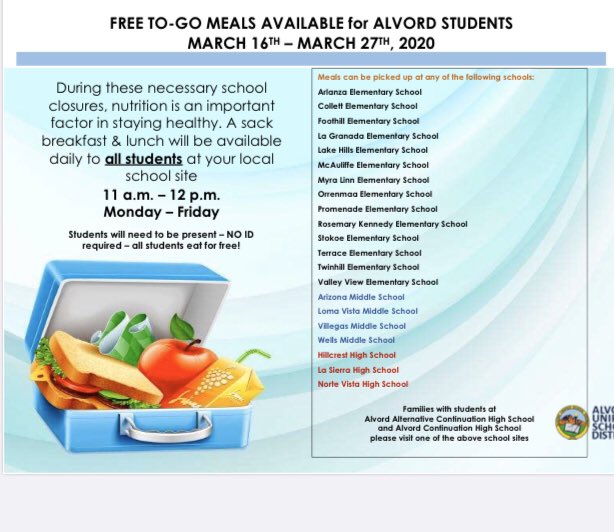 <a href="/AlvordUnified/">Alvord Unified</a> will provide To-Go breakfast and lunch meals for pick-up on M-F from 11 am - noon from March 16-March 27.