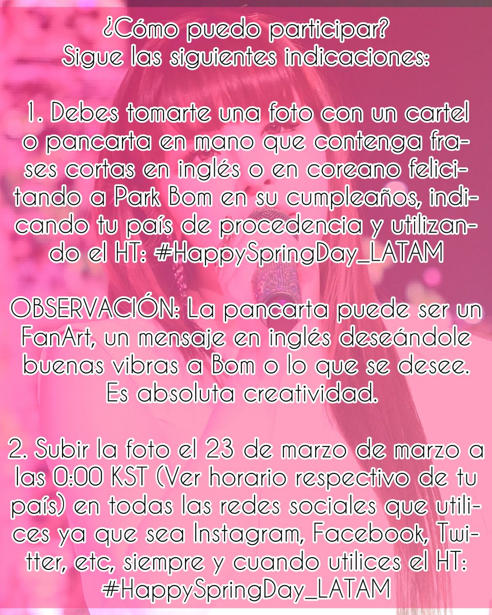 Panamanian_2NE1's tweet photo. [PROYECTO BLACKJACKS LATINOAMERICANOS]
-
¡La Comisión 2NE1 LATAM los invita a participar del proyecto latinoamericano "Happy Spring Day Latam" para celebrar el cumpleaños de nuestra hermosa Park Bom!
-
#2NE1 #2NE1Latinoamerica #ParkBom #Bomshell #OneYearWithSpring #ParkBomSpring https://t.co/2V8MQoxQXJ