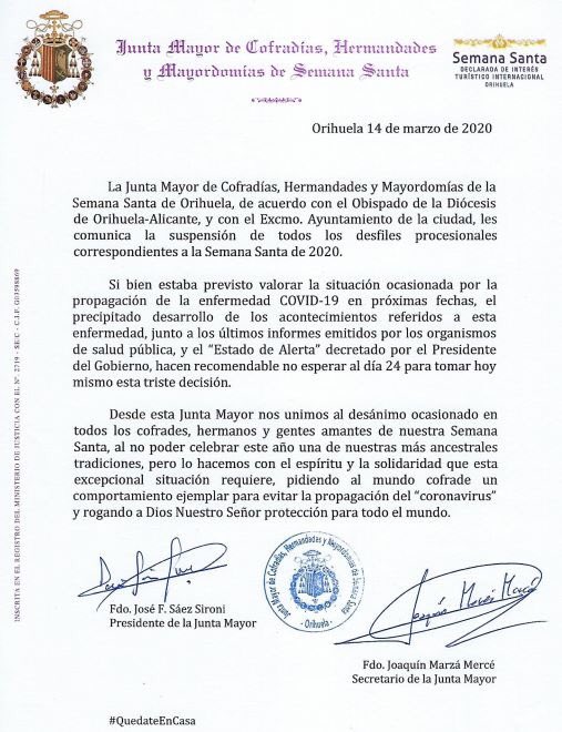 COMUNICADO SUSPENSIÓN SEMANA SANTA 2020
#SemanaSanta #quedateencasa #Orihuela