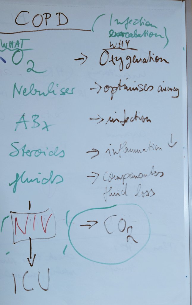 Sim_ALS's tweet photo. #Simulation training for #foundationdoctors at #NDDH.

Simplified summary of initial treatment of infection related exacerbation of #COPD.

Also check and correct electrolytes to avoid #arrythmia.

#simulationrocks
#safelearning
#facilitation
#PeerAssistedLearning
#SimFellow https://t.co/E87bz0V4DE