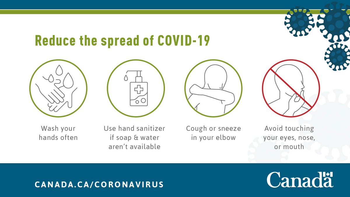 Proper hygiene can help reduce the risk of #COVID19. Remember to:
• Wash your hands often with soap &amp; water for at least 20 seconds 
• Use alcohol-based hand sanitizer if soap &amp; water are not available 
canada.ca/en/public-heal…