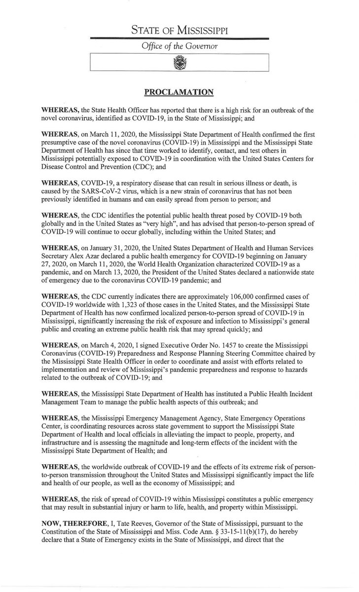 JournoRyan's tweet image. JUST IN: Gov. Tate Reeves has declared a State of Emergency for Mississippi