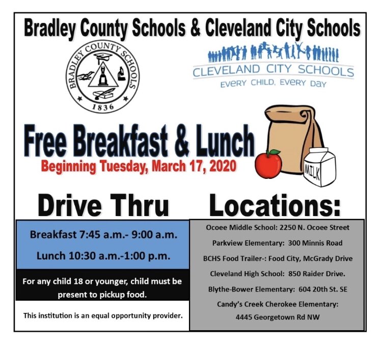 ⁦<a href="/THEREALBCNATION/">#BCNATION</a>⁩.....please see the meal opportunities beginning on Tuesday, March 17th! ⁦<a href="/BradleySchools/">Bradley Co. Schools</a>⁩