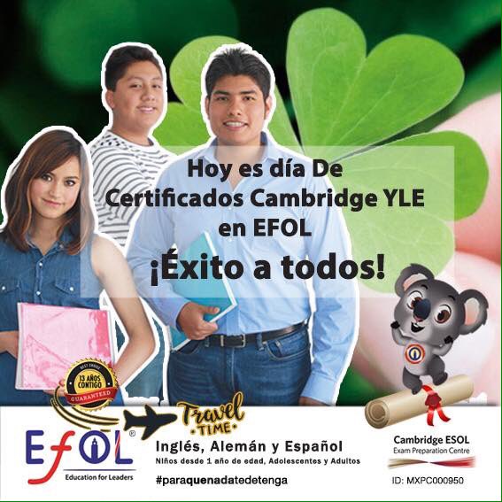 EFOL_MX's tweet photo. ¡Mucho éxito a todos los jóvenes EFOL que el día de hoy hacen su certificación de ingles de la universidad de Cambridge! #QueNadaLosDetenga #Certificados #Cambridge #KET #PET #FCE #FamiliaEFOL https://t.co/Jt4CLWCX20