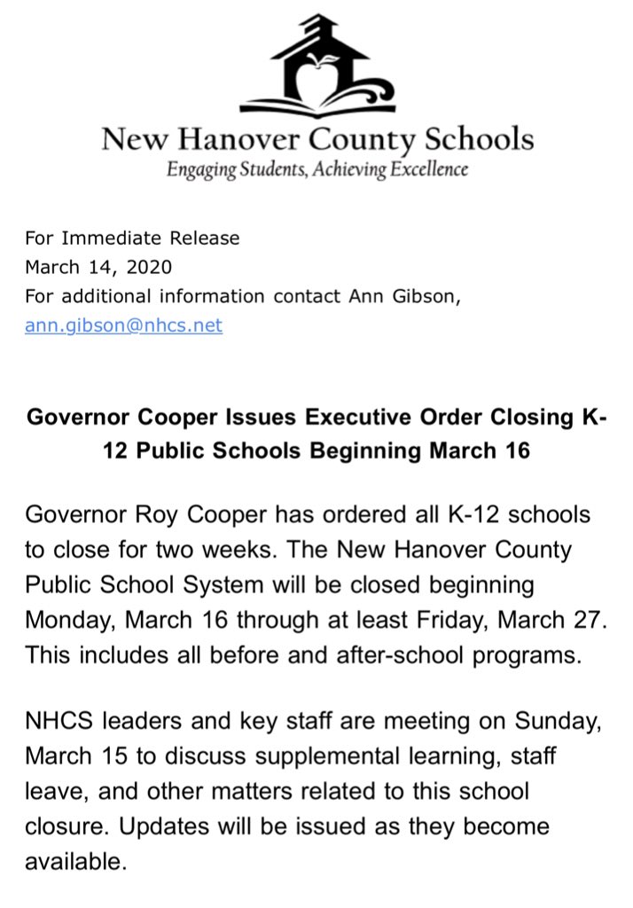 NewHanoverCoSch's tweet photo. Updated statement released from NHCS. Continue to monitor district social media accounts and website for updates. #nhcschat https://t.co/qhGSlOaI5f