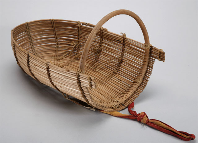 another thing the segment touches on is cradle baskets for babies. Pomo cradle baskets are U-shaped, and Corine notes that you don't start the cradle basket until the baby is born — so the baby's timing will influence how/when you harvest, what materials you use etc