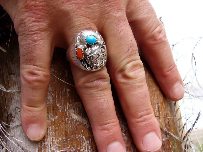 Excited to share the latest addition to my #etsy shop: Native American Navajo Men's Silver Turquoise Coral Sacred Buffalo Ring Size 12 etsy.me/33i6pNi #EtsySeller #EtsyUSA #BuffaloRing #SacredBuffalo #NativeAmerican #Navajo