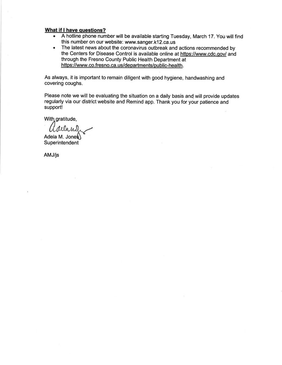 Please read the March 14 update from Superintendent Jones.
