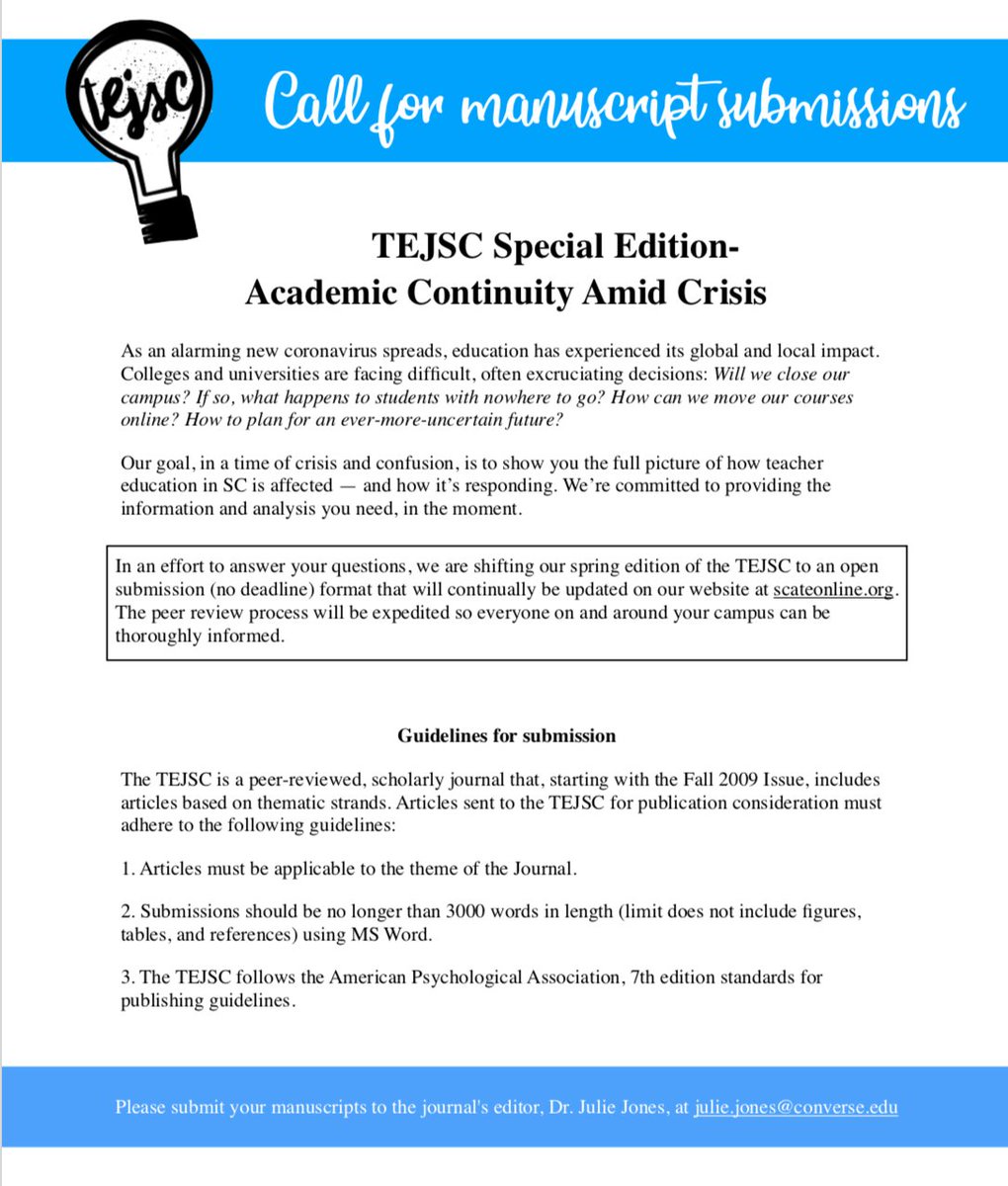 JuliePJones's tweet photo. In light of current events, the #TEJSC is shifting our spring edition to an open submission format- continually updated at https://t.co/DSoxH2hxzg. The #peerreview review process will be expedited so everyone can be thoroughly informed. #amwriting #callforpapers #teachsc https://t.co/a5NQdEnUjx