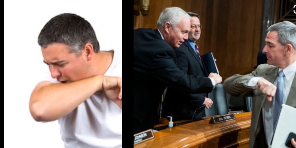 ToySyndrome's tweet photo. The irony of doing elbow bumps after you were told to sneeze into your elbow https://t.co/tq1ZmcF7PI