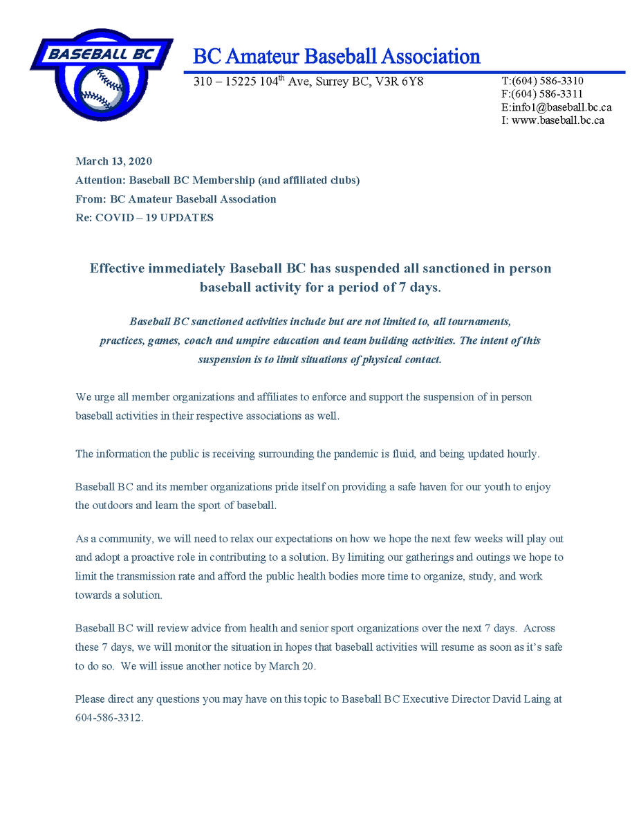 bcmbaseball's tweet photo. Please be advised, BC Minor Baseball is actively following the communications from Baseball Canada, Baseball BC and other health organizations regarding COVID-19. Please see the attached notice from our PSO, mandating a 7 day suspension of all in-person baseball activities https://t.co/QPD1dKvbt0