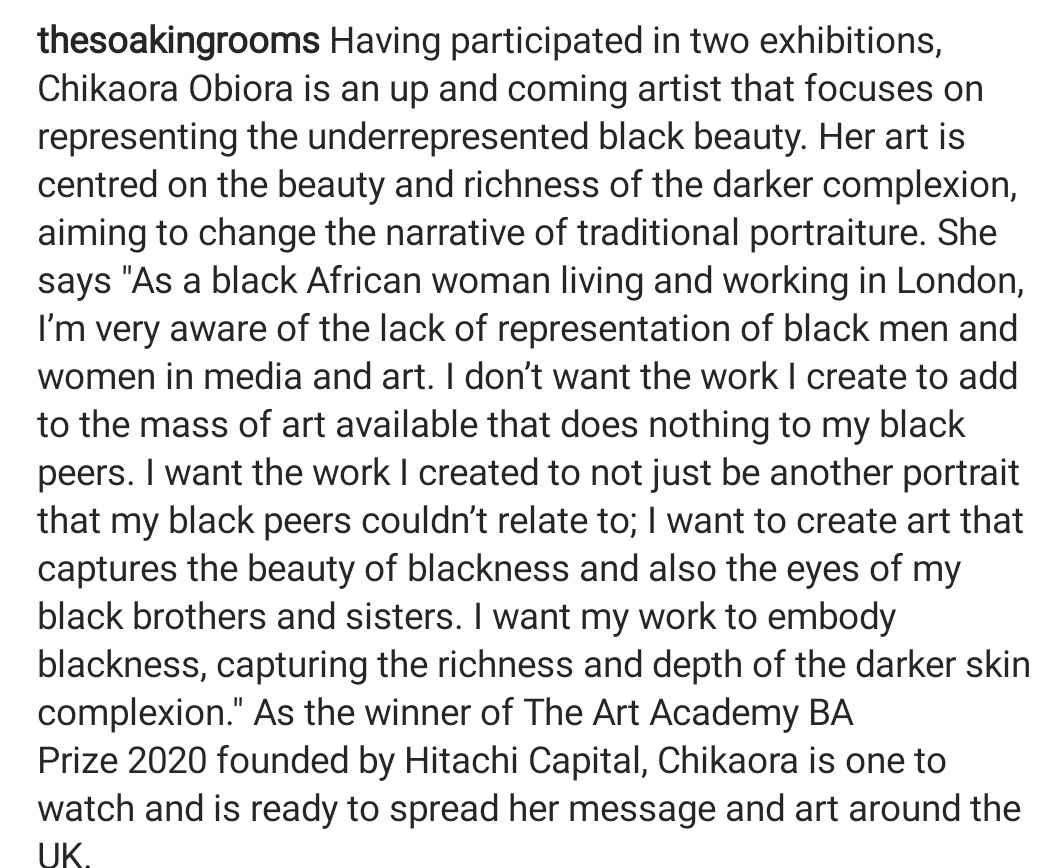 TheSoakingRooms's tweet photo. Our artist of the week!!!
The incredible portrait painter @sherylobii who work dispelling the negative narrative about black people in the media by amplifying black beauty!
You can follow her art page on Instagram: @csobioraart
#ShowcaseSaturdays https://t.co/GJIUqfQNji