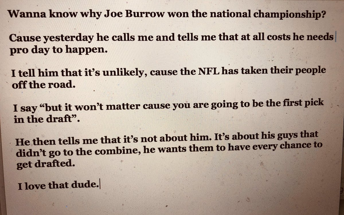 BruceFeldmanCFB's tweet image. This story I heard today from an #LSU staffer is a good window into why coaches love Joe Burrow so much.