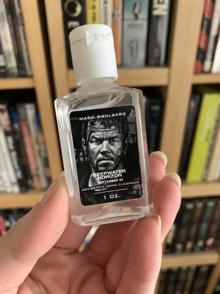 rachel_is_here's tweet image. Who says all promo movie swag is useless? Just found some Deepwater Horizon hand sanitizer. Mark Wahlberg will protect me from #COVID19