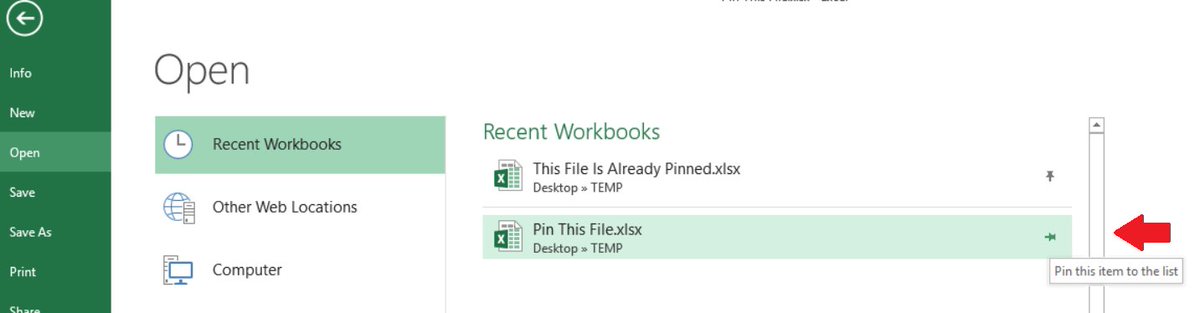 "Pin" a recently opened file in Excel's Open menu so that it always show up top in Recent Workbooks, kind of like a bookmark! #exceltips #msexcel #sundayfunday #SaturdayThoughts