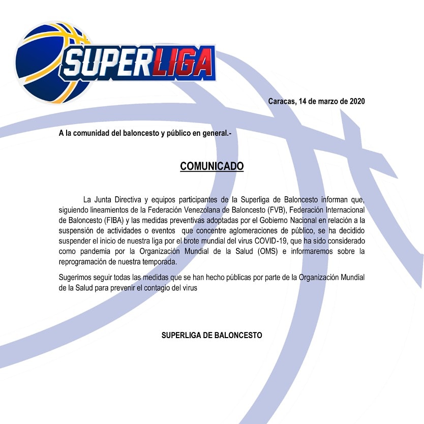 gladiadoresbbc's tweet photo. Comunicado de la @SuperligaVen en el que suspende el inicio del torneo para salvaguardar a todos los ciudadanos

#Superliga
#Baloncesto
#basketball 
#quedateEnTuCasa 
#Prevencion https://t.co/KFdP6ckGHL
