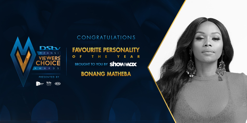 DStv's tweet photo. Get out the champopo, darling! 🥂🍾Congratulations to @bonang_m, our Favourite Personality of the Year, brought to you by @ShowmaxOnline! 🤩 #DStvMVCA https://t.co/MkAi34W7qU