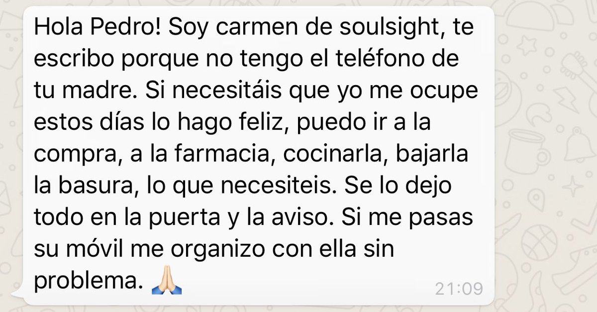 Ojalá todos fuéramos como  <a href="/CarmenBustos/">Carmen Bustos</a>, vecina de mi madre de 80 años que vive a 20km de mi casa y a la que apenas conoce, pero sabe que está sola. Espero no necesitar esa ayuda pero todos necesitamos saber que en estos momentos existen personas como Carmen #EMOCIÓN Y #GRATITUD