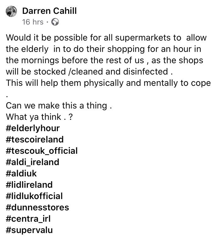 Krispuk's tweet photo. Totally agree!
Great idea @Tesco @sainsburys @Morrisons @marksandspencer @AldiUK @LidlGB @coopuk @waitrose surely you can get your heads together and make this happen
#elderlyhour 
#morrisons 
#sainsburys 
#aldiuk
#lidlukofficial https://t.co/1lrzcgmCVc
