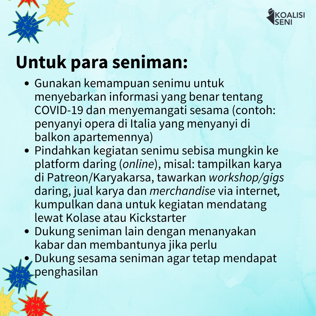 KoalisiSeni's tweet photo. Pameran batal, konser musik ditunda, segala macam workshop seni pun ikut berantakan.

COVID-19 memang tantangan besar untuk kita semua, termasuk para pegiat seni.

Apa yang bisa kita lakukan? Koalisi Seni berbagi beberapa di antaranya.
#seniindonesia #coronavirus #lawancovid19 https://t.co/XAVlg7r4tI