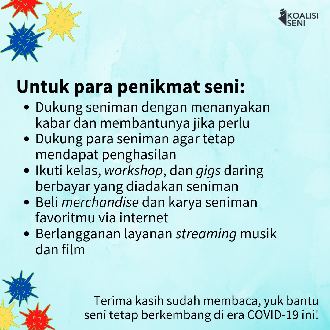 KoalisiSeni's tweet photo. Pameran batal, konser musik ditunda, segala macam workshop seni pun ikut berantakan.

COVID-19 memang tantangan besar untuk kita semua, termasuk para pegiat seni.

Apa yang bisa kita lakukan? Koalisi Seni berbagi beberapa di antaranya.
#seniindonesia #coronavirus #lawancovid19 https://t.co/XAVlg7r4tI