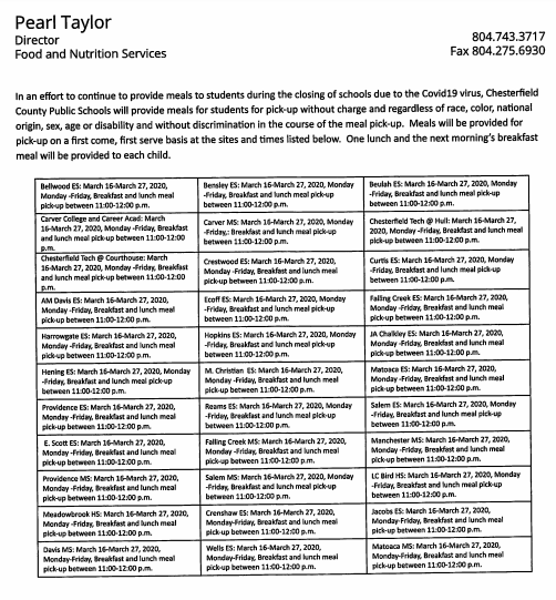 oneccps's tweet image. Chesterfield County Public Schools will provide free meals to students via a Food Services kiosk located outside #oneCCPS schools while the division is closed during the next two weeks due to COVID-19. 

For more info, please visit our website: mychesterfieldschools.com/coronavirus-in…