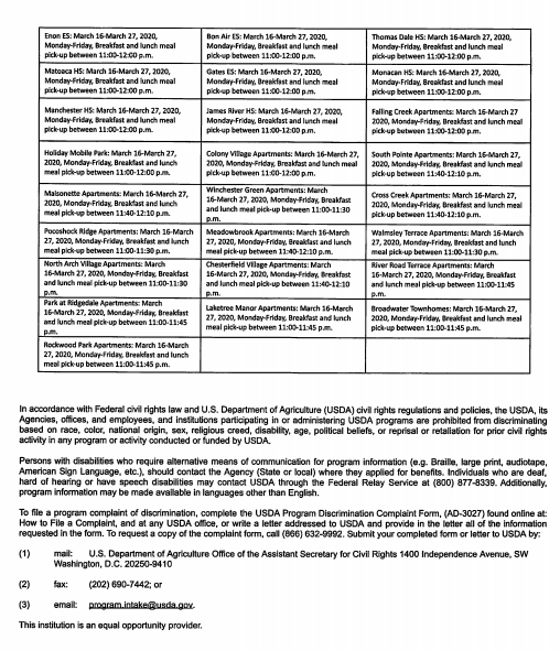 oneccps's tweet image. Chesterfield County Public Schools will provide free meals to students via a Food Services kiosk located outside #oneCCPS schools while the division is closed during the next two weeks due to COVID-19. 

For more info, please visit our website: mychesterfieldschools.com/coronavirus-in…