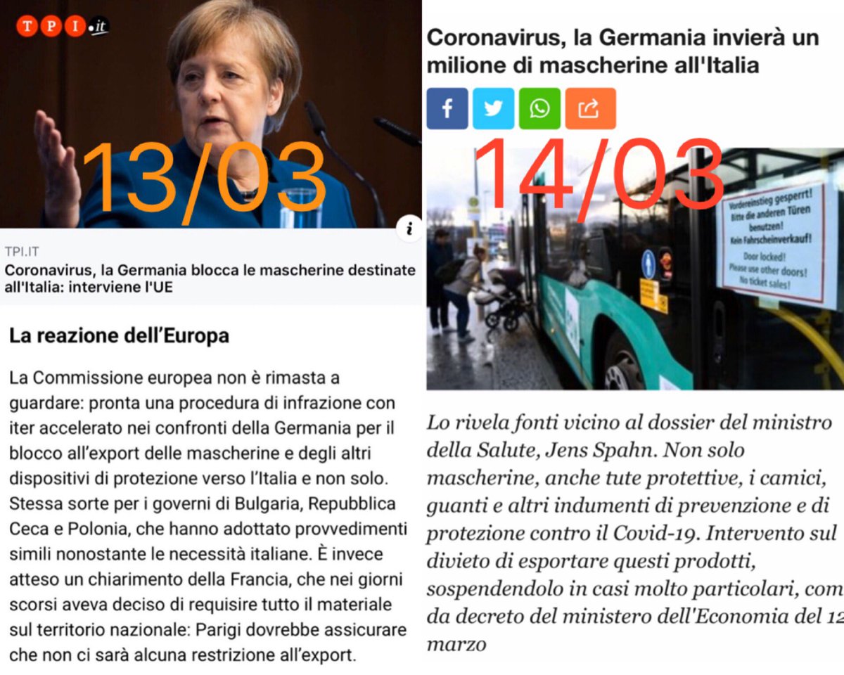 24 ore dopo la decisione dell’UE di avviare una procedura d’infrazione, la Germania casualmente cambia idea e manda le attrezzature necessarie all’Italia.

Un caro saluto a tutti quelli che sostengono che l’Unione Europea non serve a niente.

#coronavirus #Italia