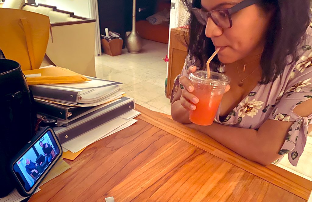FL4Bernie2020's tweet photo. Olga from West Kendall sips watermelon juice and watches @BernieSanders & @fshakir! #FiresideChat #FloridaForBernie #EarlyVotingWeekend #Bernie2020 https://t.co/k3VDkX1y98