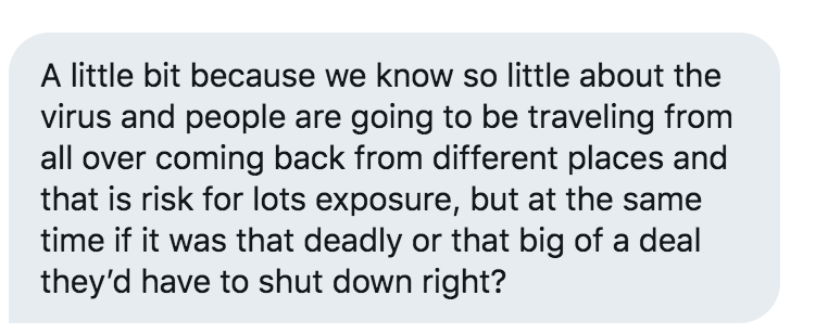 bri_sacks's tweet photo. A Liberty University student said she has"mixed" feelings, doesn't "know what's true or not" and hopes her school "is making the responsible decision considering that we don’t really have a choice"

"If it was that deadly or that big of a deal they’d have to shut down right?" https://t.co/xhhqgpzUlR