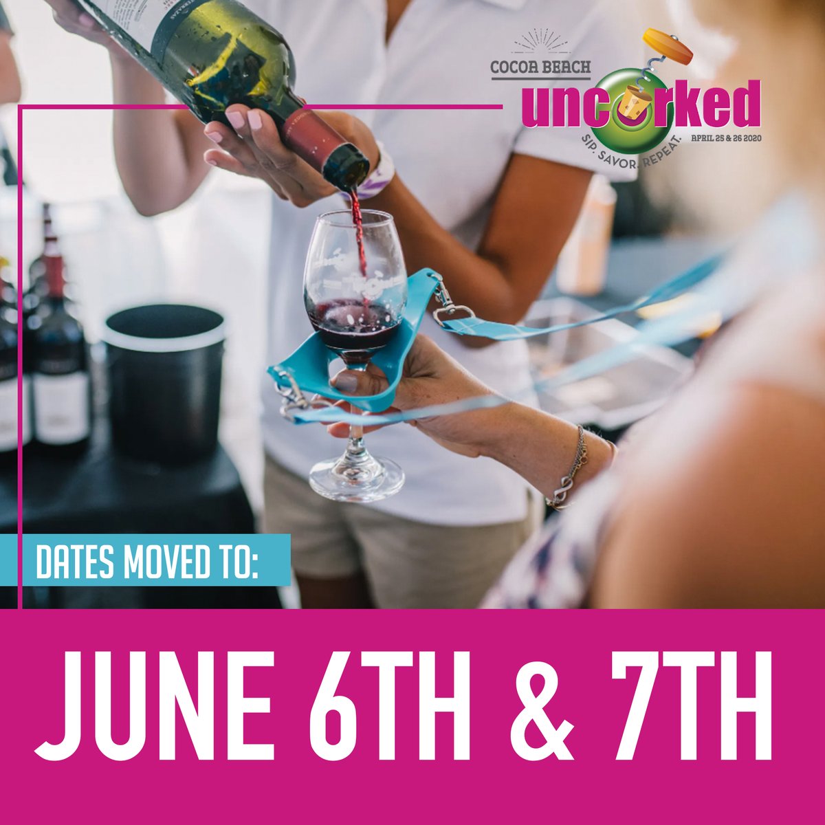 CocoaBchUncorkd's tweet photo. 🔴Due to restrictions on events in Brevard County, the Cocoa Beach Uncorked dates have been moved to June 6th &amp; 7th! Mark your calendars, tag your friends, and get ready for a beautifully tasty Summer in the Space Coast 😉🎉🍾🍴

🎟️Click here now: https://t.co/3FyBzG57F7 https://t.co/Yls5yE0hvW
